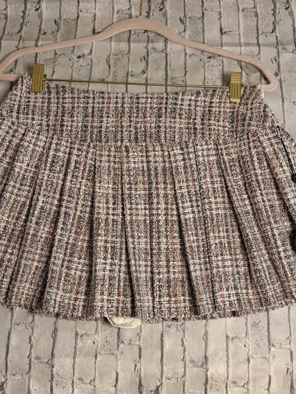 RNWY Tweed Pleated Mini Skirt in Neutral Multi Colors, Size Medium